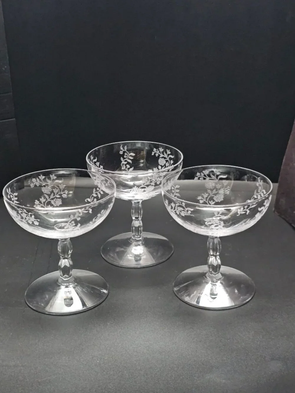 3 Fostoria Rambler Champagne Coupe Glasses vtg Floral Etched elegant 1950s
